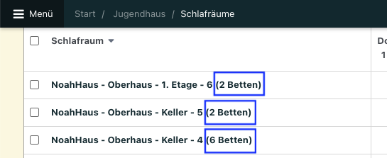 Screenshot der Übersicht über die hinterlegten Schlafräume.