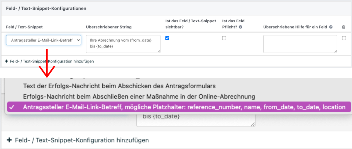 Konfigurationsmaske für Text-Snippets mit ausgewähltem Eintrag ‚Antragsteller E-Mail-Link-Betreff‘ und sichtbaren Platzhaltern.