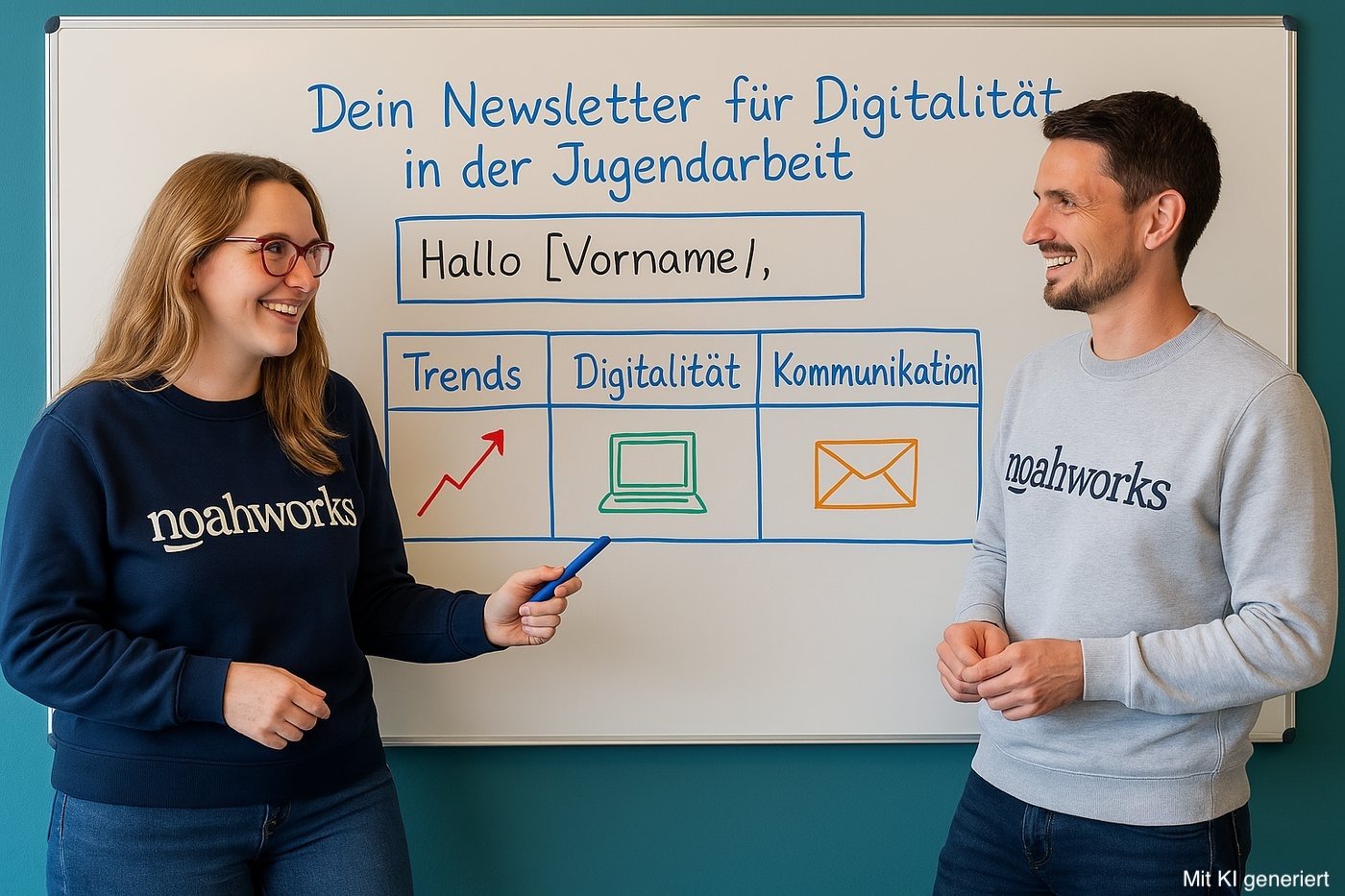 KI-generiertes Bild mit Thomas und Clara, stehend vor einem Whiteboard.