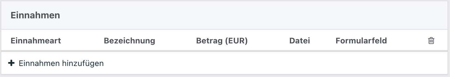 Tabelle für Einnahmen mit Spalten für Einnahmeart, Bezeichnung, Betrag in Euro, Datei und Formularfeld.