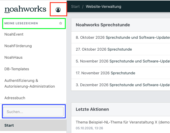 Screenshot des Navigationsmenü auf der Noahworks-Startseite.