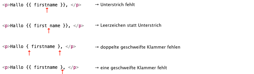 Screenshot von fehlerhaften Platzhaltern.