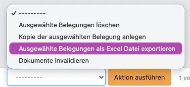 Screenshot aus der Software: geöffnete Dropdown-Menü, um Belegung zu exportieren.