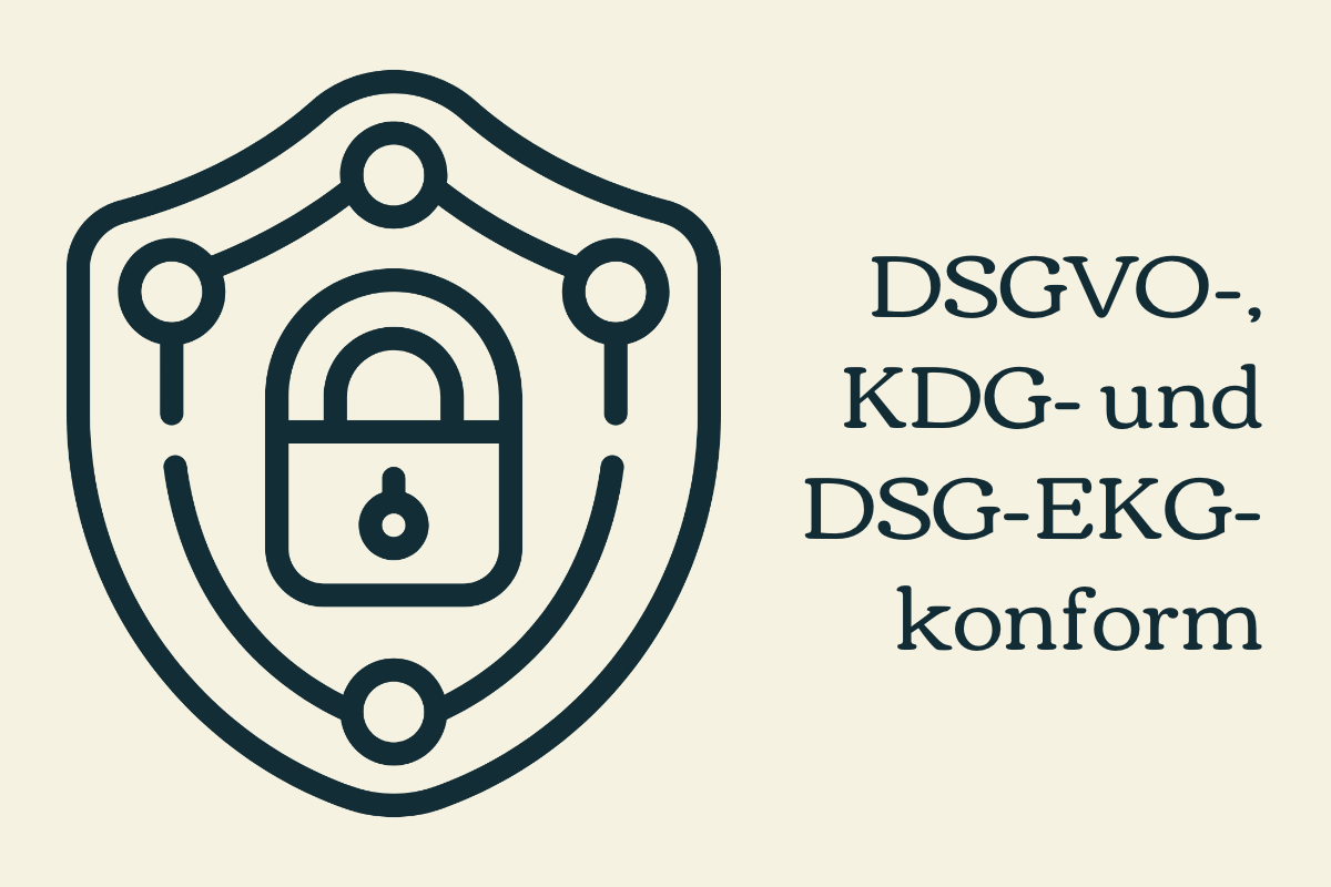 Beiger Hintergrund, darauf das Symbol eines Schlosses. Daneben steht "DSGVO-, KDG- und DSG-EKG-konform".