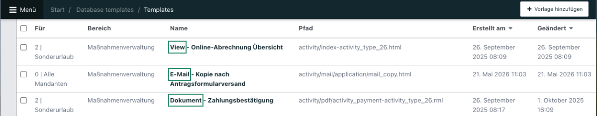Screenshot aus Noahworks: Übersicht über Vorlagen mit 3 Arten.
