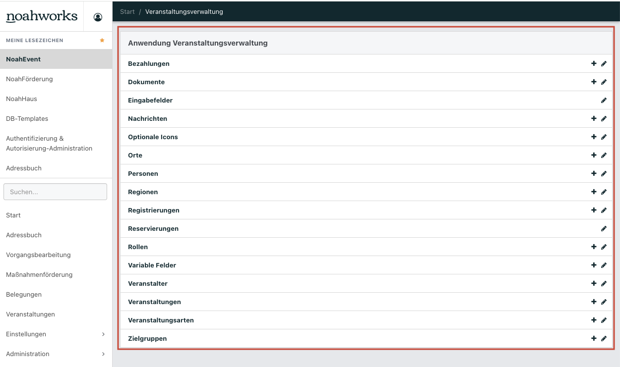 Screenshot der Übersichtsseite von NoahEvent.
