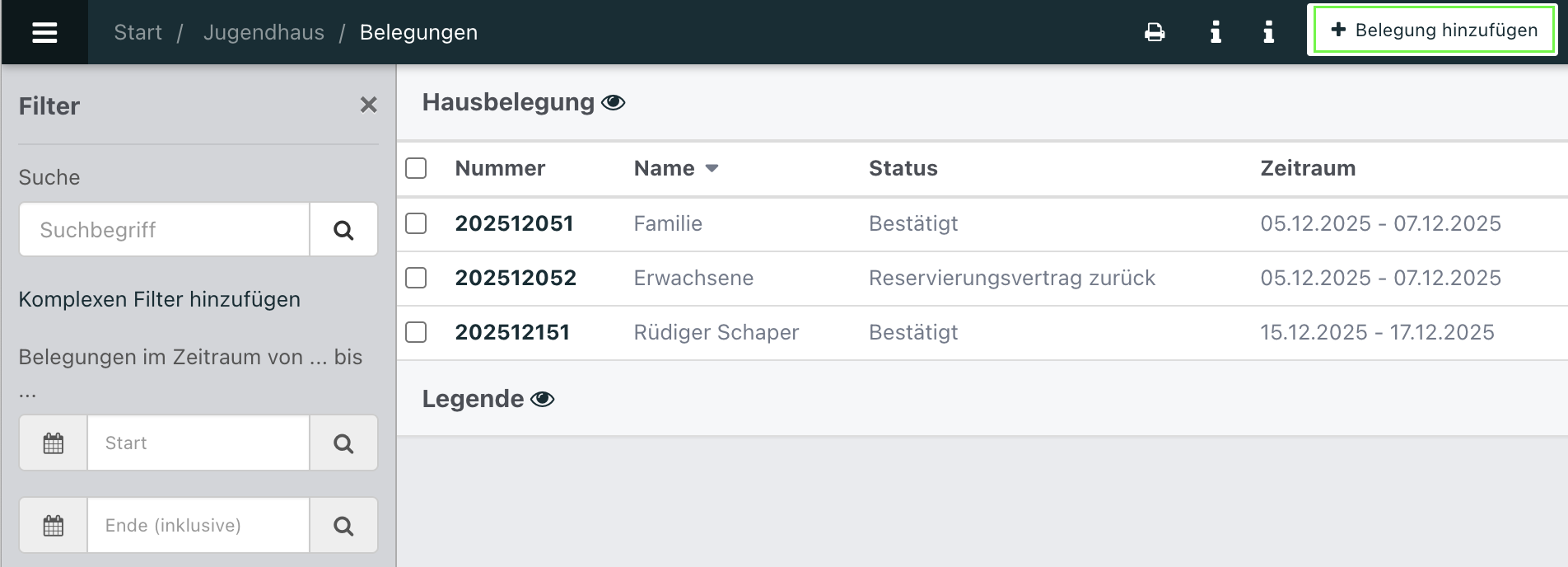 Screenshot aus der Software: Belegungsübersicht.