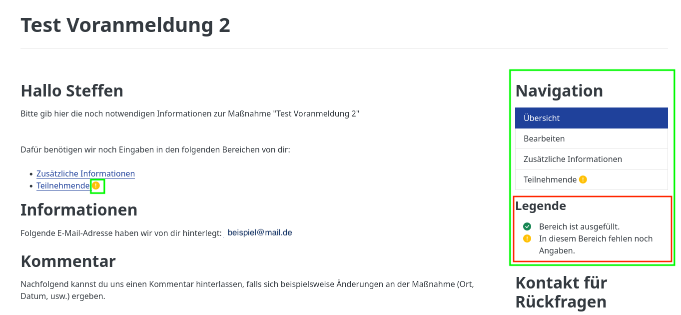 Screenshot aus der Software: geöffneter Antrag mit Hinweisen.