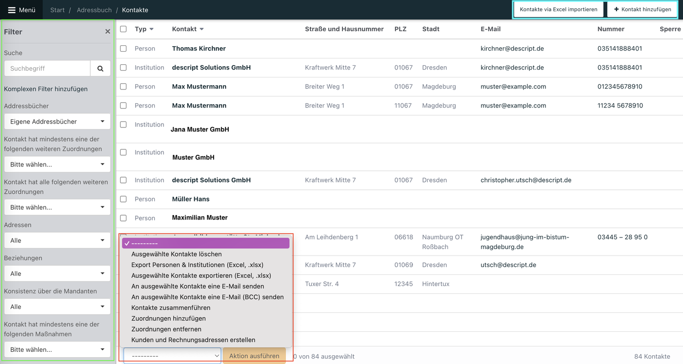 Screenshot aus Noahworks, zu sehen ist eine beispielhafte Ansicht der Kontakte.