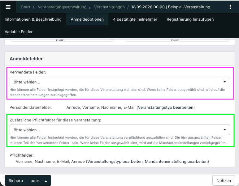 Screenshot einer geöffneten Veranstaltung im Tab Anmeldeoptionen.