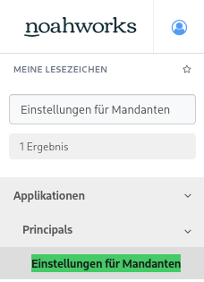 Screenshot aus der Software: geöffnete Menüleiste, in der Suche steht "Einstellungen für Mandanten".