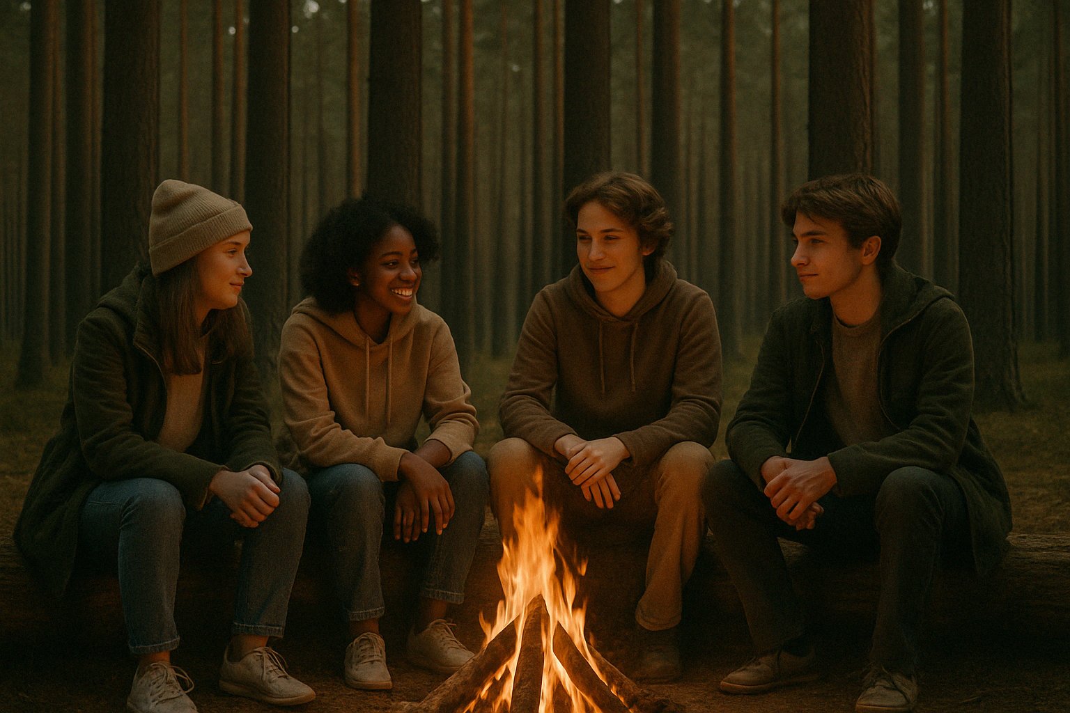 KI-generiertes Bild mit Jugendlichen am Lagerfeuer im Wald, in natürlicher Farbgebung.