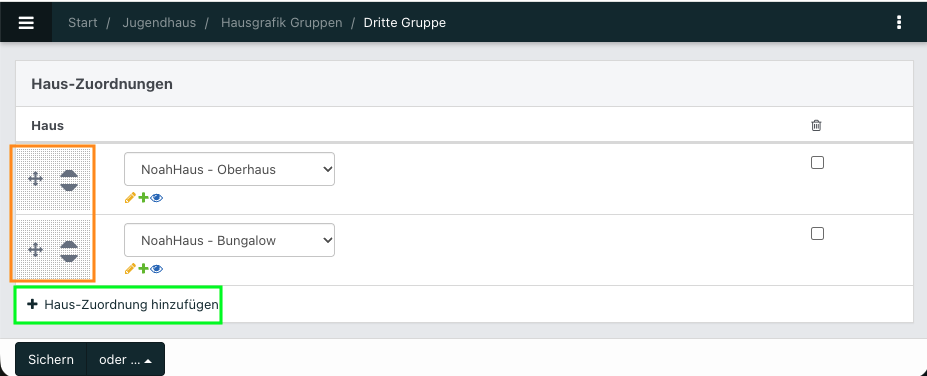 Formular „Hausgrafik Gruppe hinzufügen“ mit Namensfeld, Hausauswahl und der Option „Haus-Zuordnung hinzufügen“. Unten befindet sich die Schaltfläche „Sichern“.