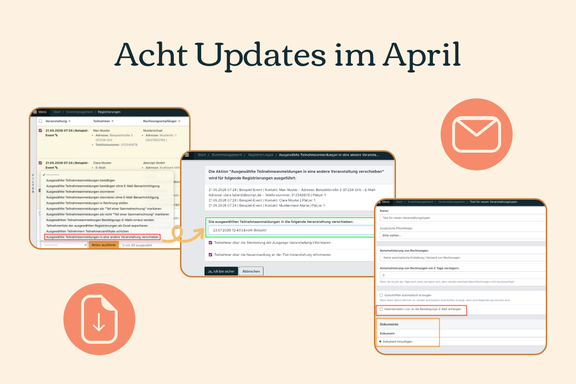 Hellgelber Hintergrund, darauf drei Screenshots mit den software-Updates, sowie zwei Icons. Eins zeigt einen Briefumschlag, das andere ein Dokumentensymbol.