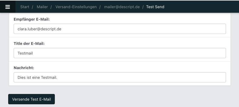 Screenshot aus der Software: geöffnete Einstellungen für einen Test-Versand.