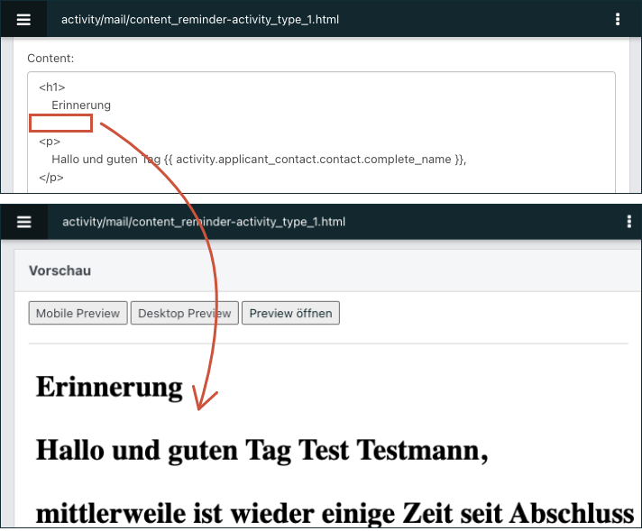 Screenshot eines geöffneten DB-Templates im Bereich Content mit fehlerhaftem HTML-Tag.