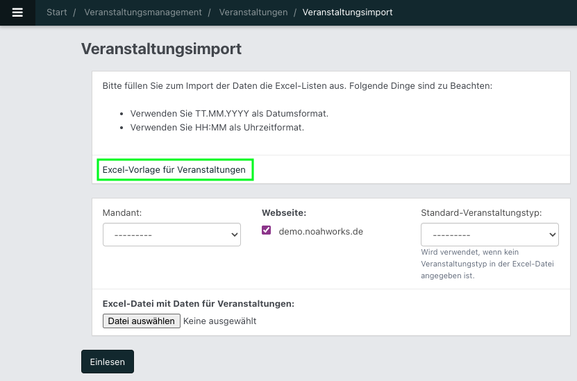 Screenshot aus der Software: geöffneter Import für Excel-Eventliste.