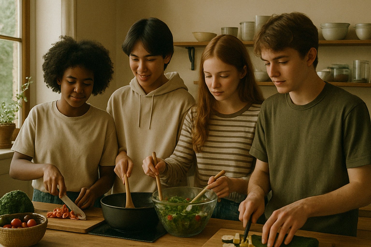 KI-generiertes Bild mit diverser Gruppe Jugendlicher beim gemeinsamen Kochen, in dokumentarischem Stil, mit natürlichem Licht und warmen Farben.