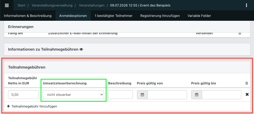 Screenshot aus NoahEvent, eine geöffnete Veranstaltung im Tab Anmeldeoptionen.