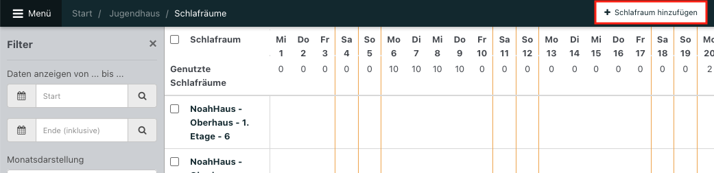 Screenshot der Übersicht der Schlafräume in NoahHaus.