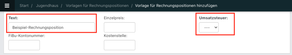 Screenshot aus der Bearbeitung einer neu angelegten Rechnungsposition.