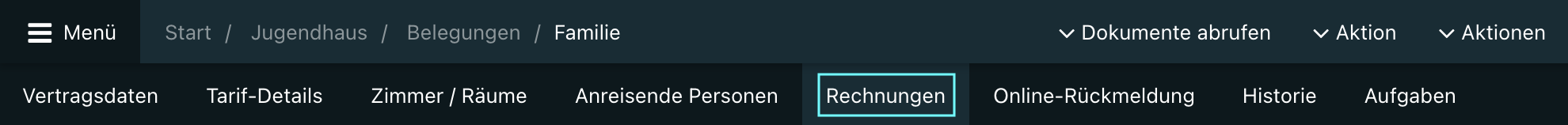 Ansicht des Tabs „Rechnungen“ in der Belegungsübersicht.