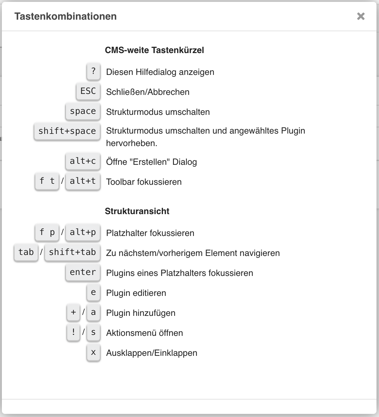 Screenshot der Tastenkürzel und Tasenkombinationen