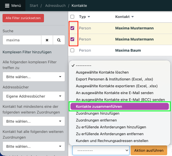 Screenshot aus der Software: geöffnetes Adressbuch mit ausgeklappten Aktionen.