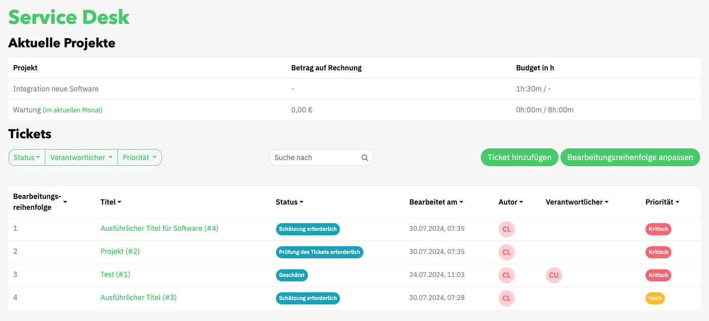 Screenshot des Service-Desk mit beispielhaften Tickets.