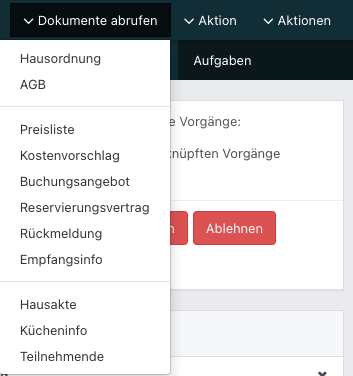 Screenshot aus der Software: geöffnete Dropdown-Menü um Dokumente herunterzuladen.