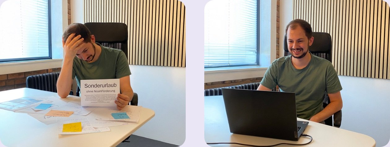 Linkes Bild: Mann sitzt vor Papierstapeln mit verzweifeltem Gesichtsausdruck. Rechts ein glücklich lächelnder Mann vor einem Laptop.