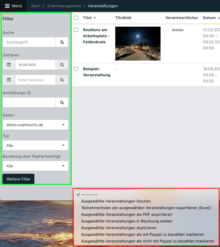 Screenshot aus der Software: links die Filter, rechts daneben das geöffnete Dropdown-Menü für Massenaktionen.