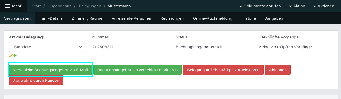Screenshot aus der Software: geöffnete Buchungsanfrage.