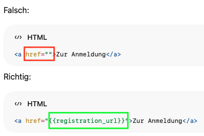 Screenshot eines HTML-Fehlers mit dem Link.