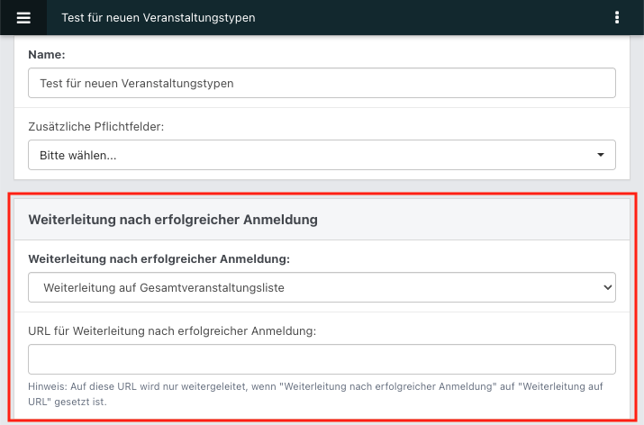 Screenshot einer Veranstaltungsart im Abschnitt "Weiterleitung nach erfolgreicher Anmeldung".