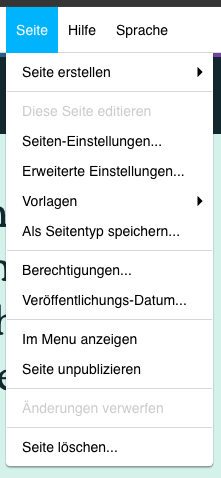 Screenshot des ausgeklappten Menüpunktes "Seite".