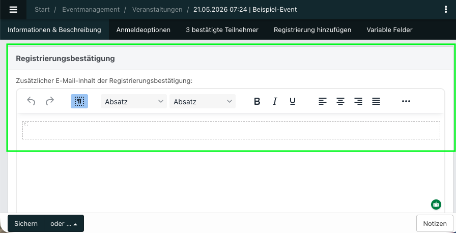 Screenshot aus der Software: geöffnete Veranstaltung im Abschnitt Registrierungsbestätigung.