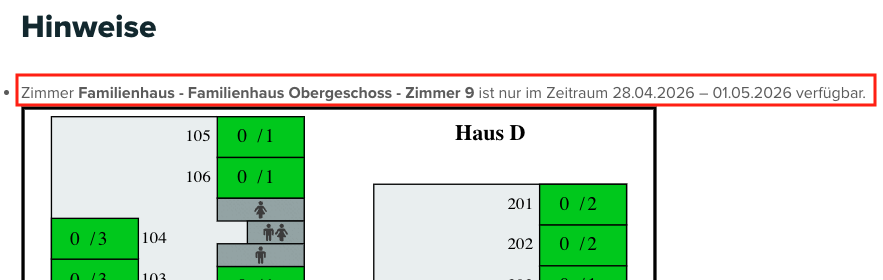 Screenshot aus der Software: geöffnete Belegungsansicht mit reservierten Zimmern.