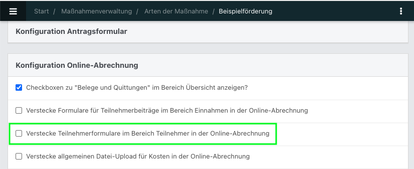 Screenshot einer geöffneten Maßnahmenart im Bereich Konfiguration Online-Abrechnung.