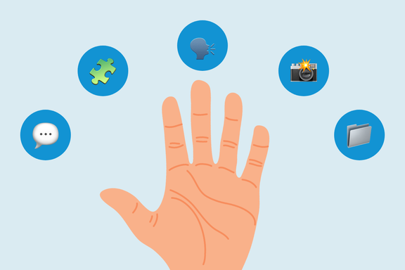 Blauer Hintergrund, darauf eine Hand. An jedem Finger ein blauer Kreis mit einem Emoji, passend zu den 5 Tipps.