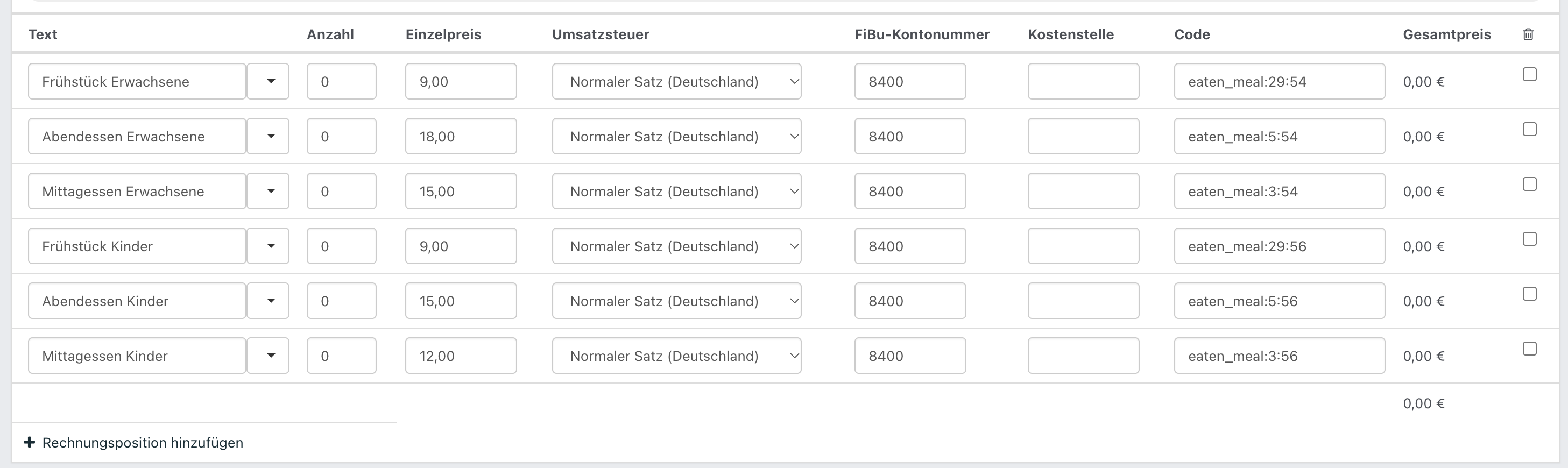 Tabelle der Rechnungspositionen in NoahHaus mit Mahlzeiten für Erwachsene und Kinder sowie Feldern für Anzahl, Einzelpreis, Umsatzsteuer, FiBu-Kontonummer und Gesamtpreis.