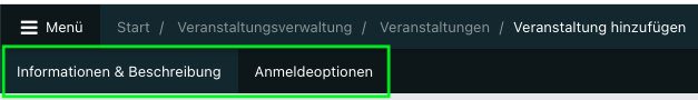 Screenshot der zwei Tabs "Informationen & Beschreibung" und "Anmeldeoptionen".
