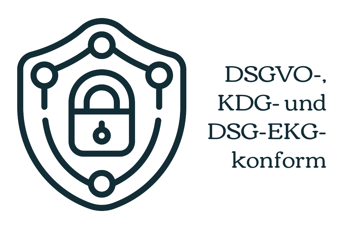 Ein Datenschutzsymbol. Daneben steht "DSGVO-, KDG- und DSG-EKG-konform".
