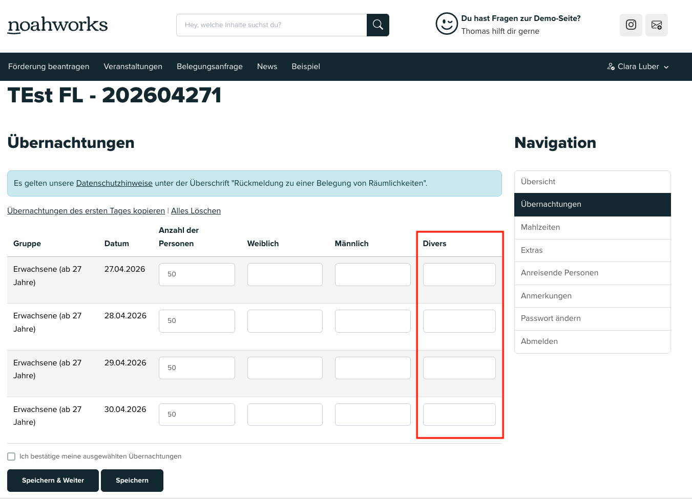 Screenshot aus der Software: geöffnete Belegung für externe Besucher.