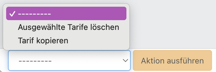 Screenshot der Aktionen, die in der Tarifübersicht ausgeführt werden können.