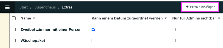 Screenshot der Übersicht der Extras.