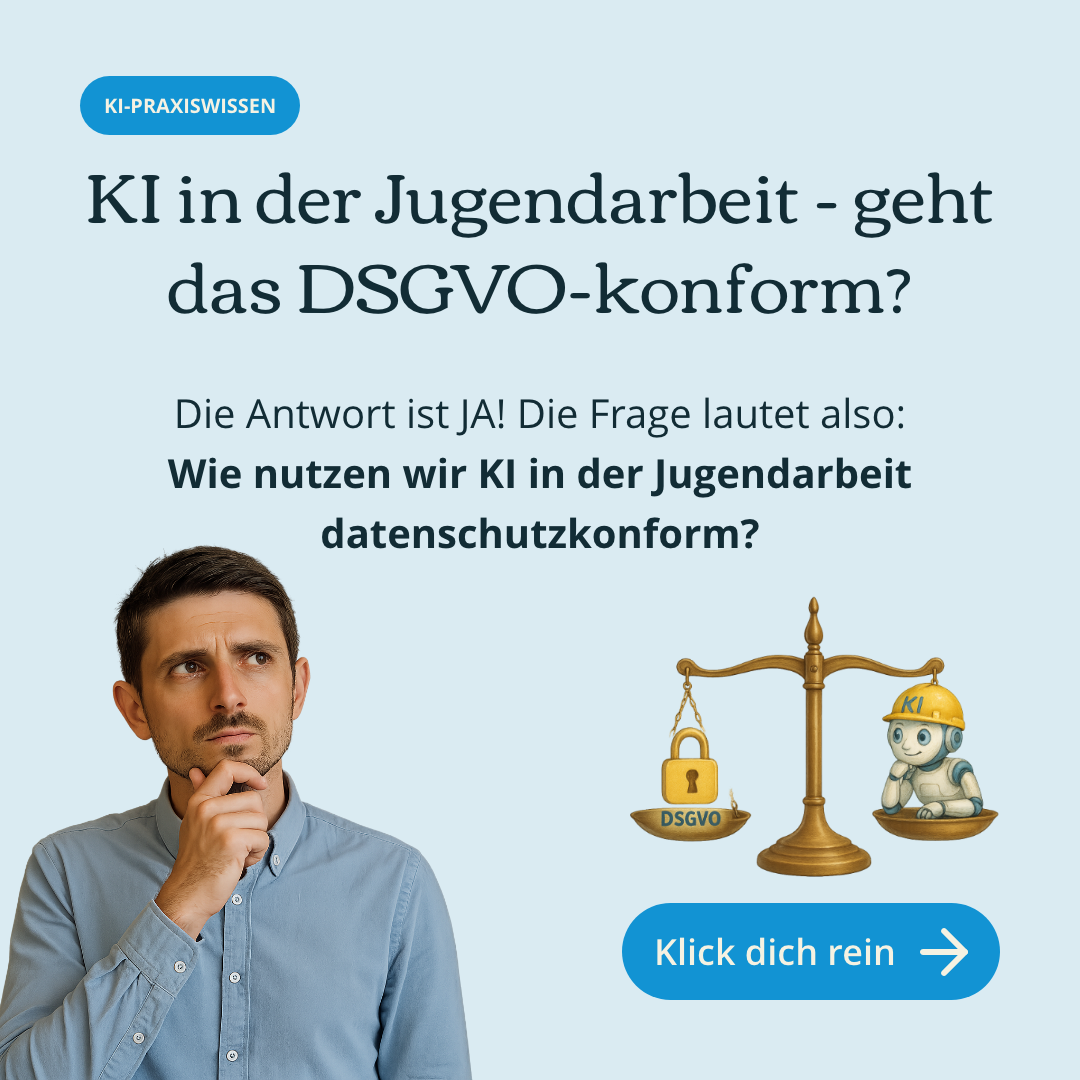Blauer Hintergrund, darauf Thomas in Denkerpose mit Blick zur Überschrift "KI in der Jugendarbeit - geht das DSGVO-konform?". Rechts von ihm ein KI-generiertes Bild einer Waage mit DSGVO und KI-Roboter.
