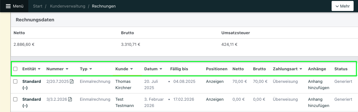 Screenshot: Übersicht der Rechnungen.