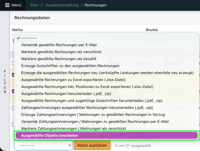 Screenshot aus der Software: geöffnete Rechnungsübersicht mit ausgeklappten Aktionen.