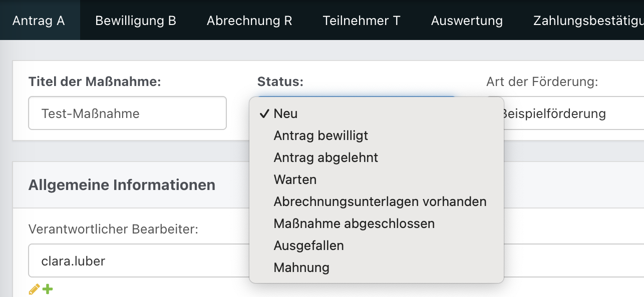 Geöffnete Status-Auswahl innerhalb einer Maßnahme mit Optionen.